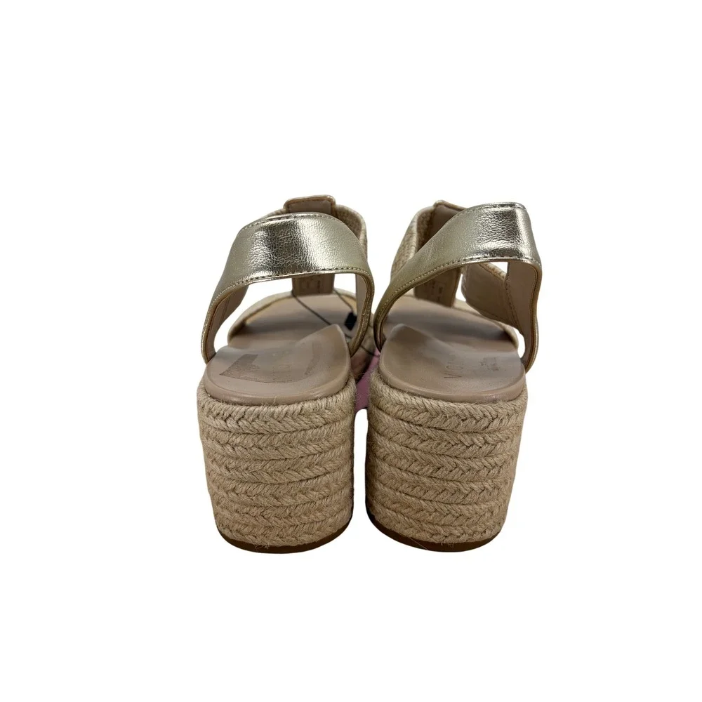 Vionic‎ Gold Metallic Raffia Wedge Sandals T-Strap Espadrille Platform Shoes